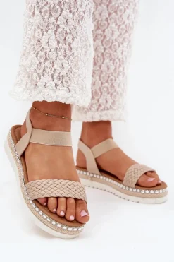 Sandały Damskie Z Plecionką Na Zdobionej Platformie Beżowe Velara