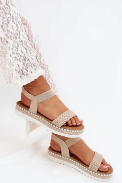 Sandały Damskie Z Plecionką Na Zdobionej Platformie Beżowe Velara