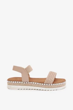 Sandały Damskie Z Plecionką Na Zdobionej Platformie Beżowe Velara