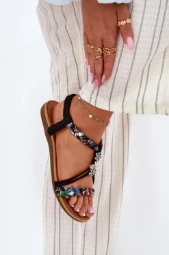 Sandały Damskie Z Przypinkami I Plecionymi Paskami Czarne Nusoreth