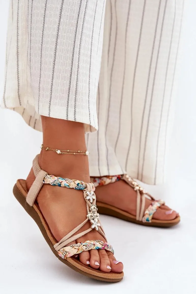 Sandały Damskie Z Przypinkami I Plecionymi Paskami Beżowe Nusoreth