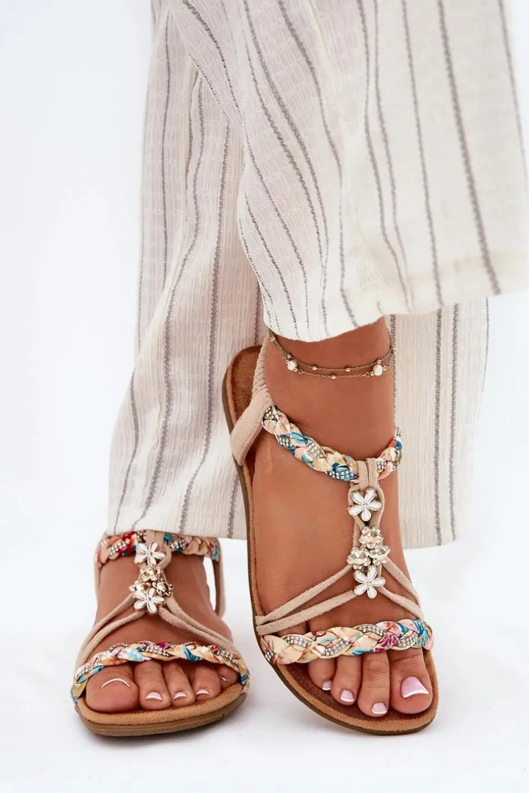 Sandały Damskie Z Przypinkami I Plecionymi Paskami Beżowe Nusoreth