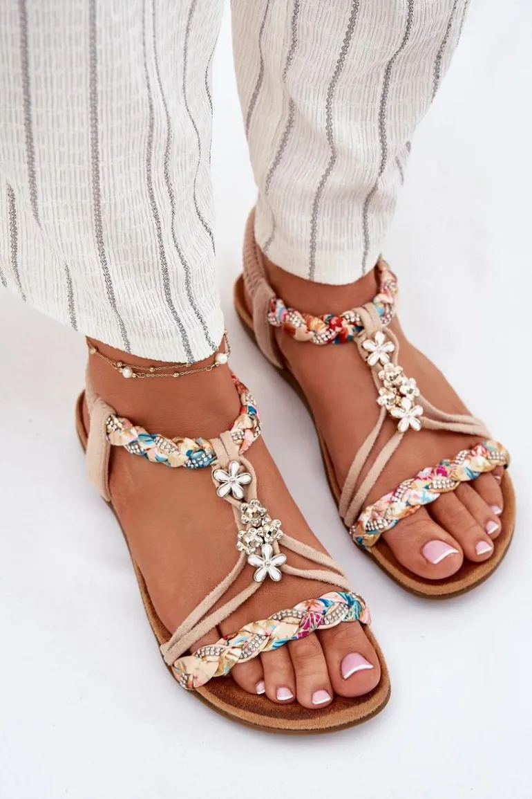 Sandały Damskie Z Przypinkami I Plecionymi Paskami Beżowe Nusoreth