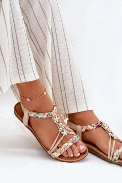 Sandały Damskie Z Przypinkami I Plecionymi Paskami Beżowe Nusoreth