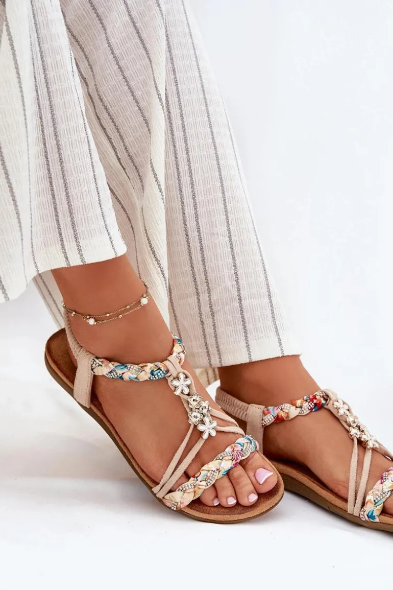 Sandały Damskie Z Przypinkami I Plecionymi Paskami Beżowe Nusoreth