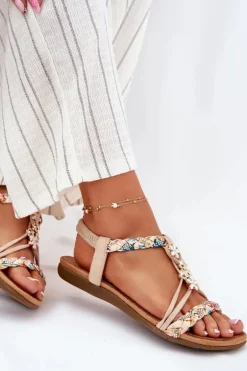 Sandały Damskie Z Przypinkami I Plecionymi Paskami Beżowe Nusoreth