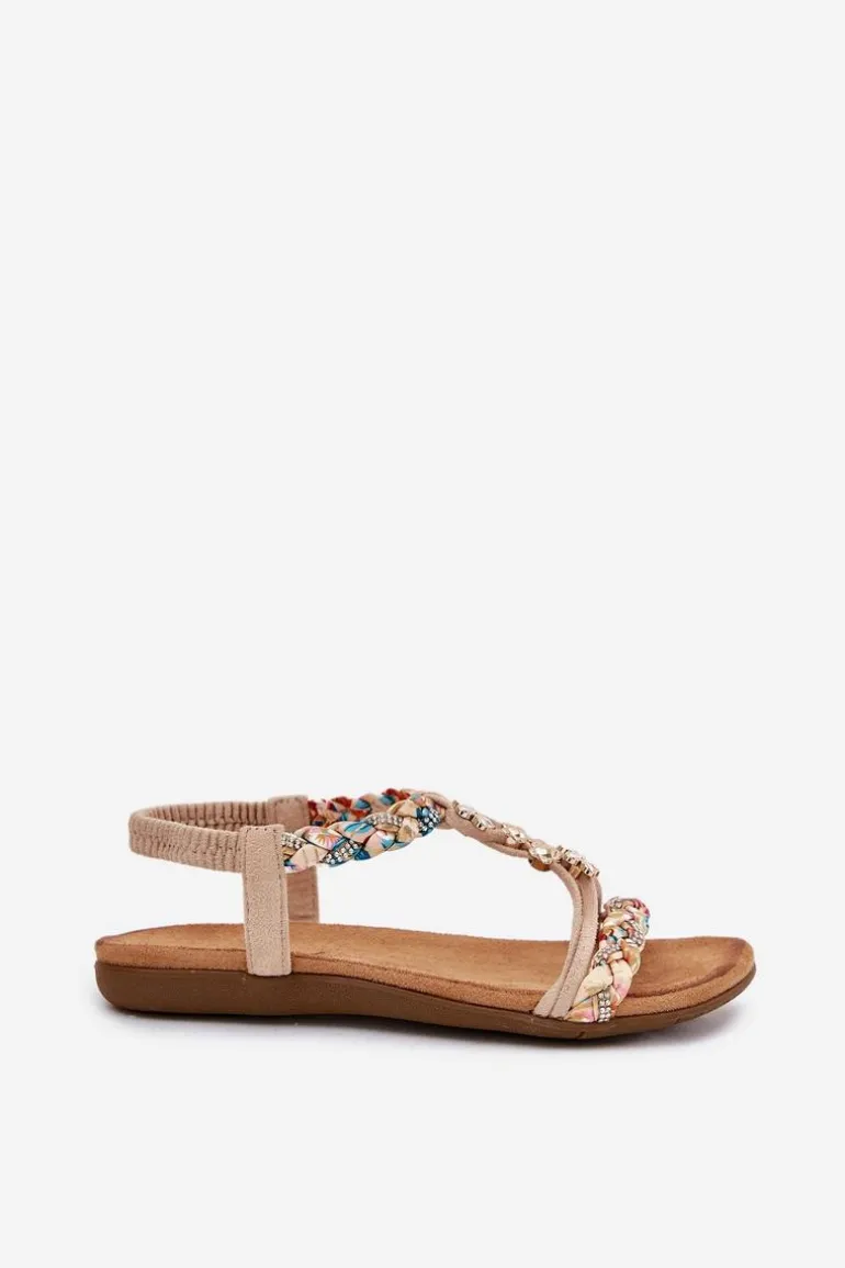 Sandały Damskie Z Przypinkami I Plecionymi Paskami Beżowe Nusoreth