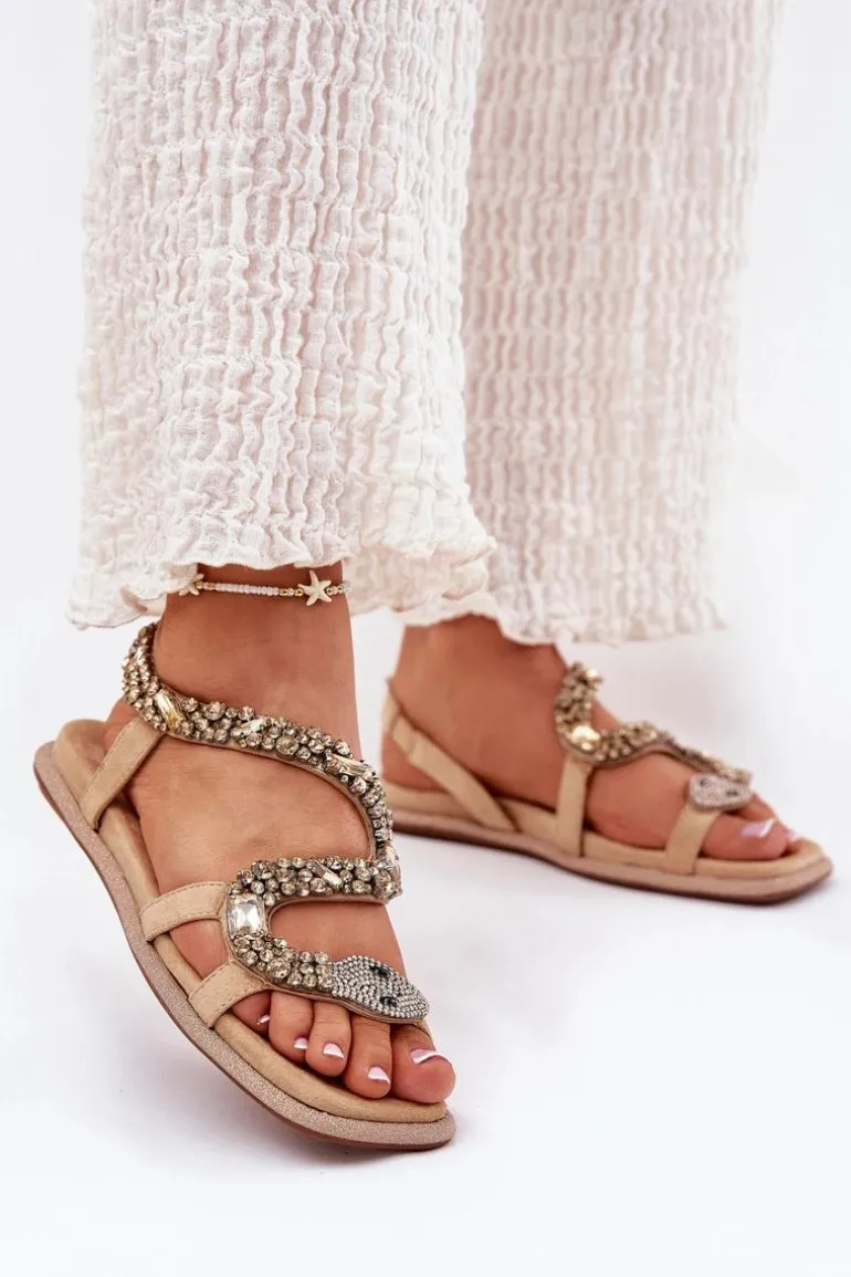 Sandały Damskie Ze Zdobieniem Wąż Eko Zamszowe Artiker 56C1361 Beżowe