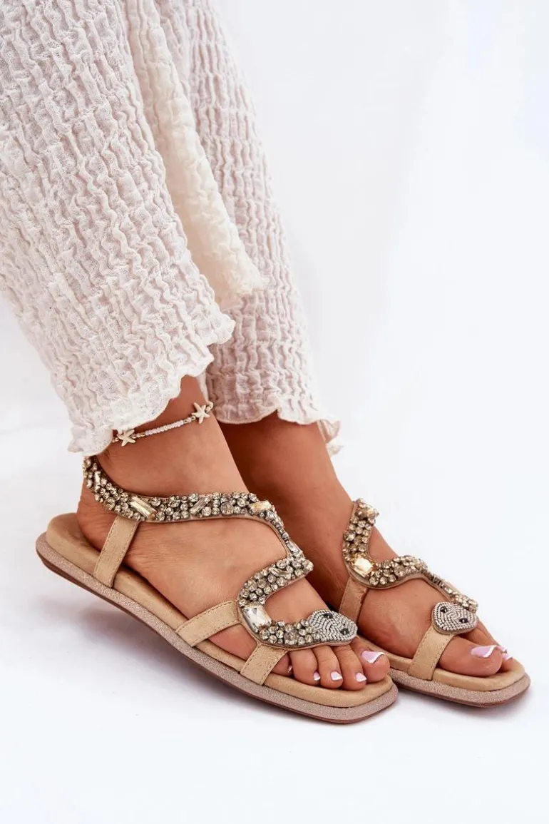 Sandały Damskie Ze Zdobieniem Wąż Eko Zamszowe Artiker 56C1361 Beżowe