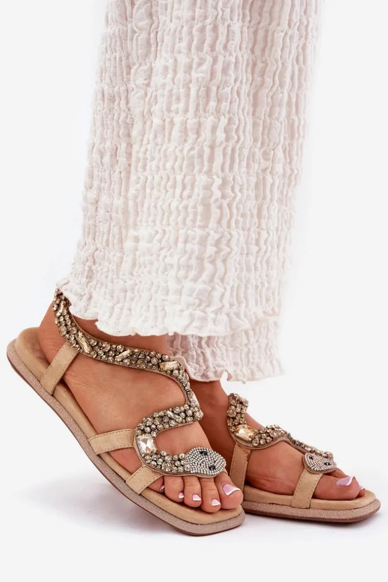 Sandały Damskie Ze Zdobieniem Wąż Eko Zamszowe Artiker 56C1361 Beżowe