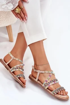 Sandały Damskie Ze Zdobieniem I Plecionymi Paskami Beżowe Delyra