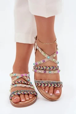 Sandały Damskie Ze Zdobieniem I Plecionymi Paskami Beżowe Delyra