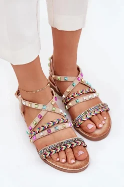 Sandały Damskie Ze Zdobieniem I Plecionymi Paskami Beżowe Delyra
