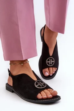 Sandały Damskie Ze Złotą Ozdobą Eko Zamszowe S.Barski KV27-059 Czarne