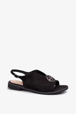 Sandały Damskie Ze Złotą Ozdobą Eko Zamszowe S.Barski KV27-059 Czarne