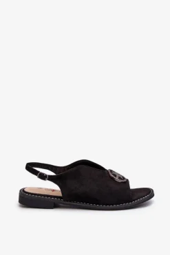 Sandały Damskie Ze Złotą Ozdobą Eko Zamszowe S.Barski KV27-059 Czarne