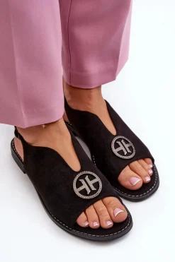 Sandały Damskie Ze Złotą Ozdobą Eko Zamszowe S.Barski KV27-059 Czarne