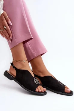 Sandały Damskie Ze Złotą Ozdobą Eko Zamszowe S.Barski KV27-059 Czarne