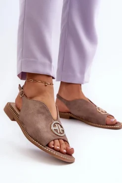 Sandały Damskie Ze Złotą Ozdobą Eko Zamszowe S.Barski KV27-059 Brązowe