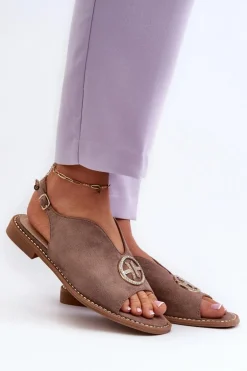 Sandały Damskie Ze Złotą Ozdobą Eko Zamszowe S.Barski KV27-059 Brązowe