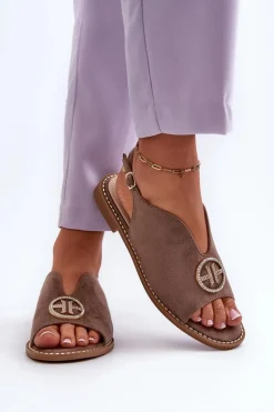 Sandały Damskie Ze Złotą Ozdobą Eko Zamszowe S.Barski KV27-059 Brązowe