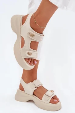 Sandały Damskie Ze Złotymi Detalami Beżowe Luvira