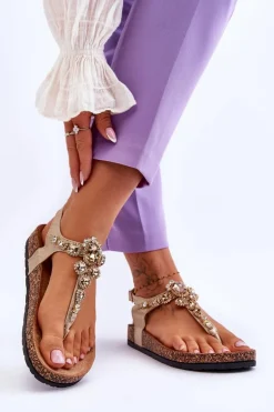 Sandały Japonki Na Korkowej Platformie Złote Naomi