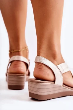 Sandały Na Koturnie S.Barski BZY1A Beżowo-Złote