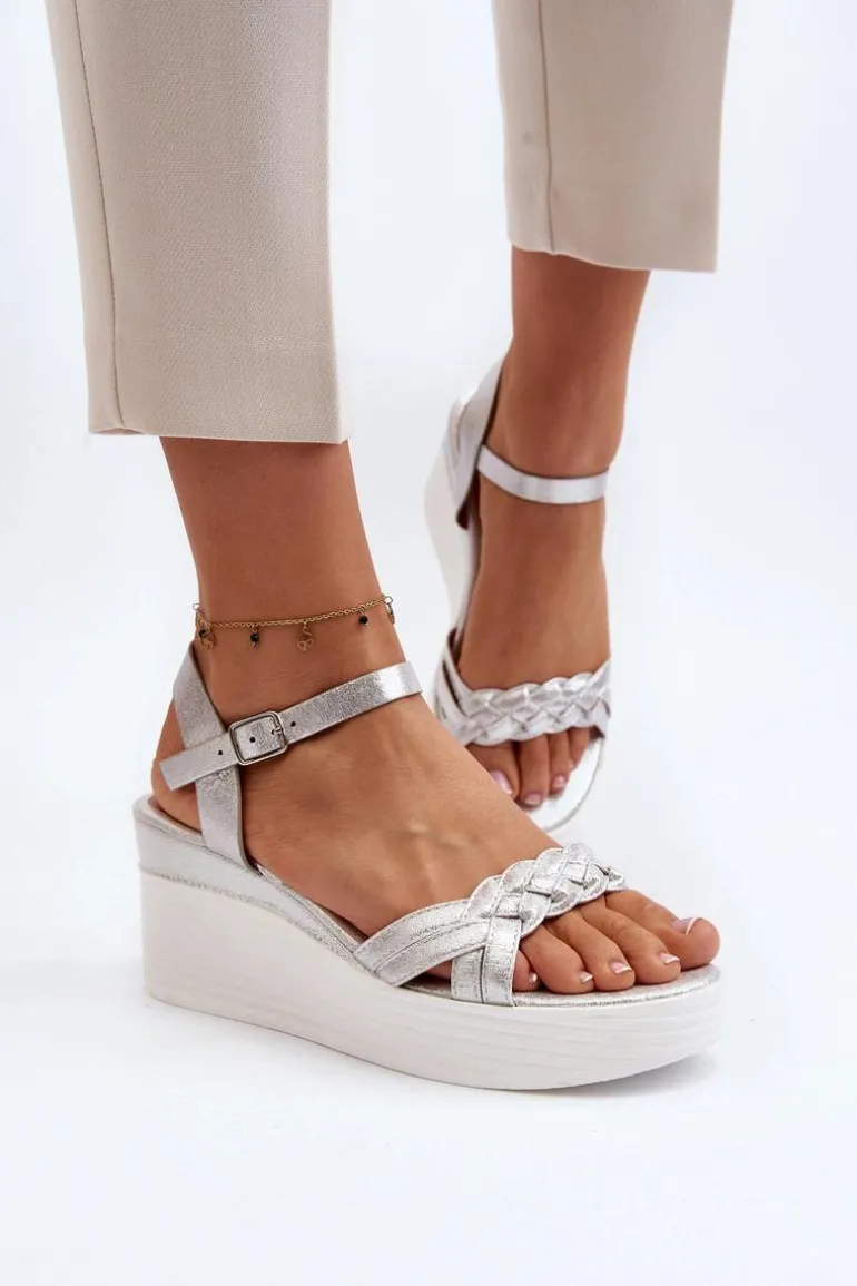 Sandały Na Koturnie Srebrne Esinna