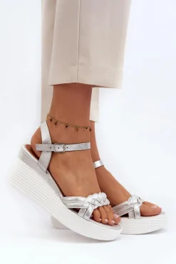 Sandały Na Koturnie Srebrne Esinna