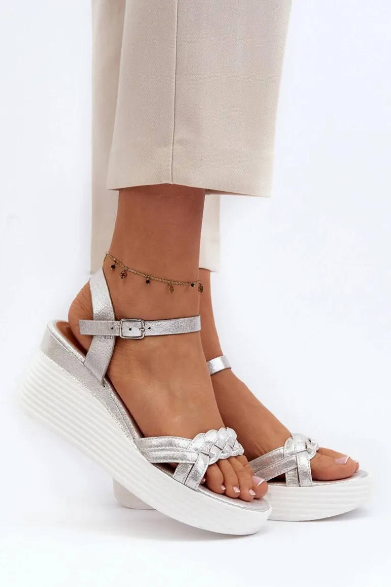 Sandały Na Koturnie Srebrne Esinna