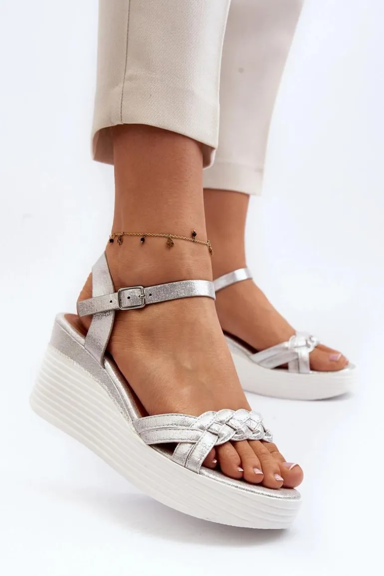 Sandały Na Koturnie Srebrne Esinna