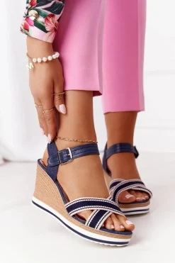 Sandały Na Koturnie W Stylu Marynarskim Granatowe Sea Wave