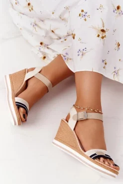 Sandały Na Koturnie W Stylu Marynarskim Beżowe Tropical