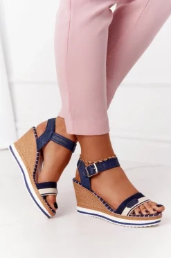 Sandały Na Koturnie W Stylu Marynarskim Granatowe Tropical