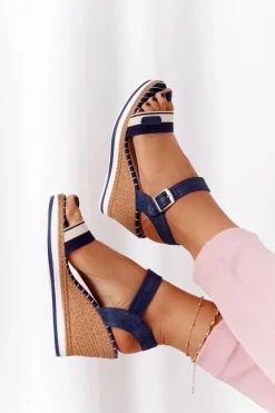 Sandały Na Koturnie W Stylu Marynarskim Granatowe Tropical