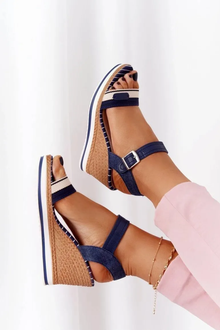 Sandały Na Koturnie W Stylu Marynarskim Granatowe Tropical
