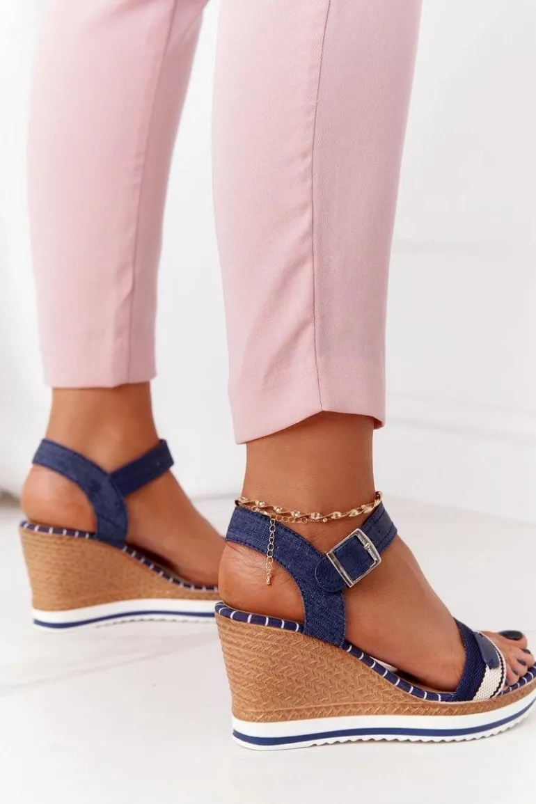 Sandały Na Koturnie W Stylu Marynarskim Granatowe Tropical