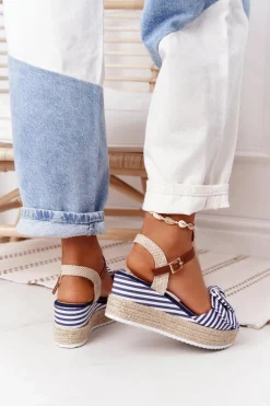 Sandały Na Koturnie W Stylu Marynarskim Niebieskie La Isla Bonita