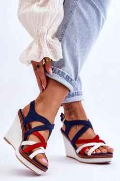 Sandały Na Koturnie Z Paseczkami Granatowe Ellen