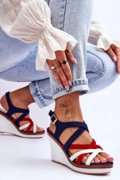 Sandały Na Koturnie Z Paseczkami Granatowe Ellen