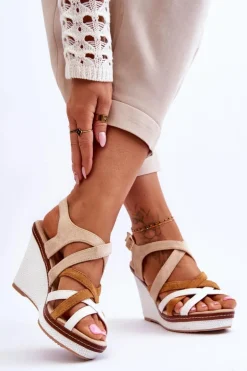 Sandały Na Koturnie Z Paseczkami Beżowe Ellen