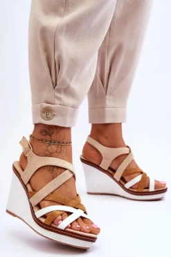 Sandały Na Koturnie Z Paseczkami Beżowe Ellen