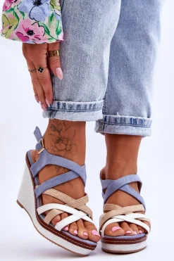 Sandały Na Koturnie Z Paseczkami Niebieskie Ellen