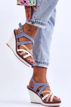 Sandały Na Koturnie Z Paseczkami Niebieskie Ellen