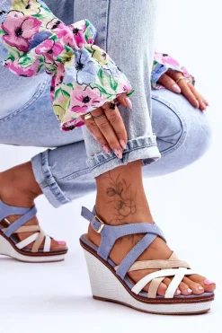 Sandały Na Koturnie Z Paseczkami Niebieskie Ellen