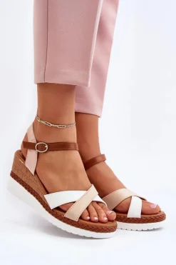 Sandały Na Koturnie Z Paskami Beżowe Kioda