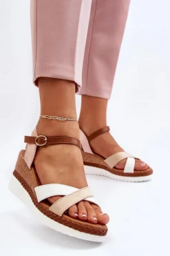 Sandały Na Koturnie Z Paskami Beżowe Kioda