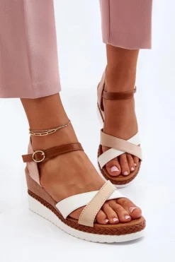 Sandały Na Koturnie Z Paskami Beżowe Kioda