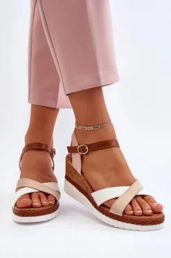 Sandały Na Koturnie Z Paskami Beżowe Kioda